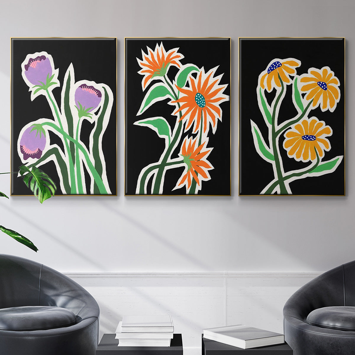 Pop Flowers I - Framed Premium Gallery Wrapped Canvas L Frame 3 Piece Set - Ready to Hang
