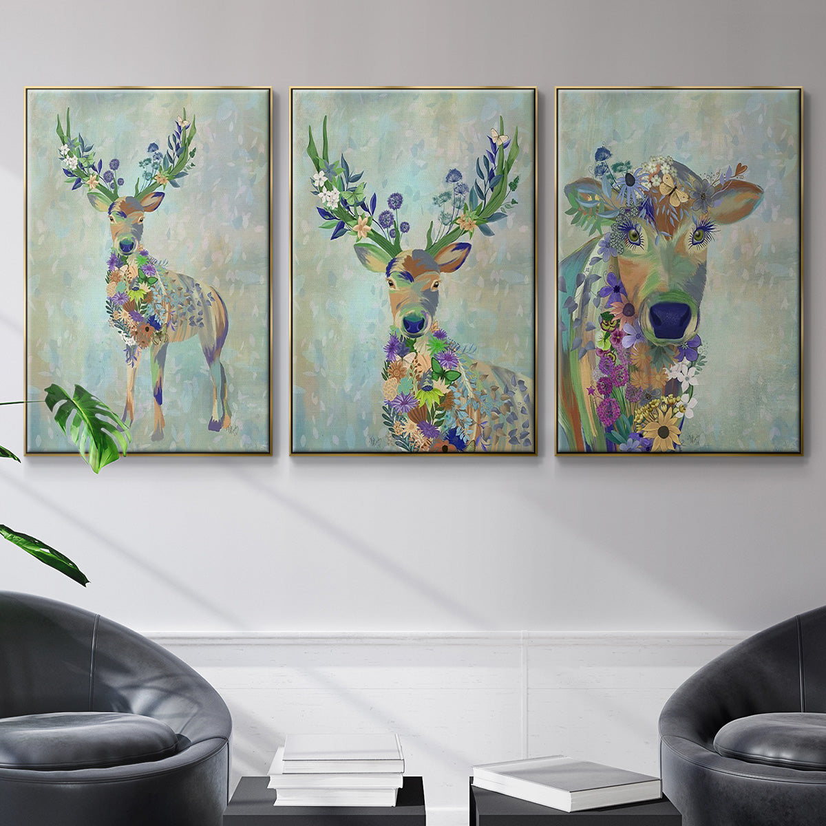 Fantastic Florals Cow - Framed Premium Gallery Wrapped Canvas L Frame 3 Piece Set - Ready to Hang