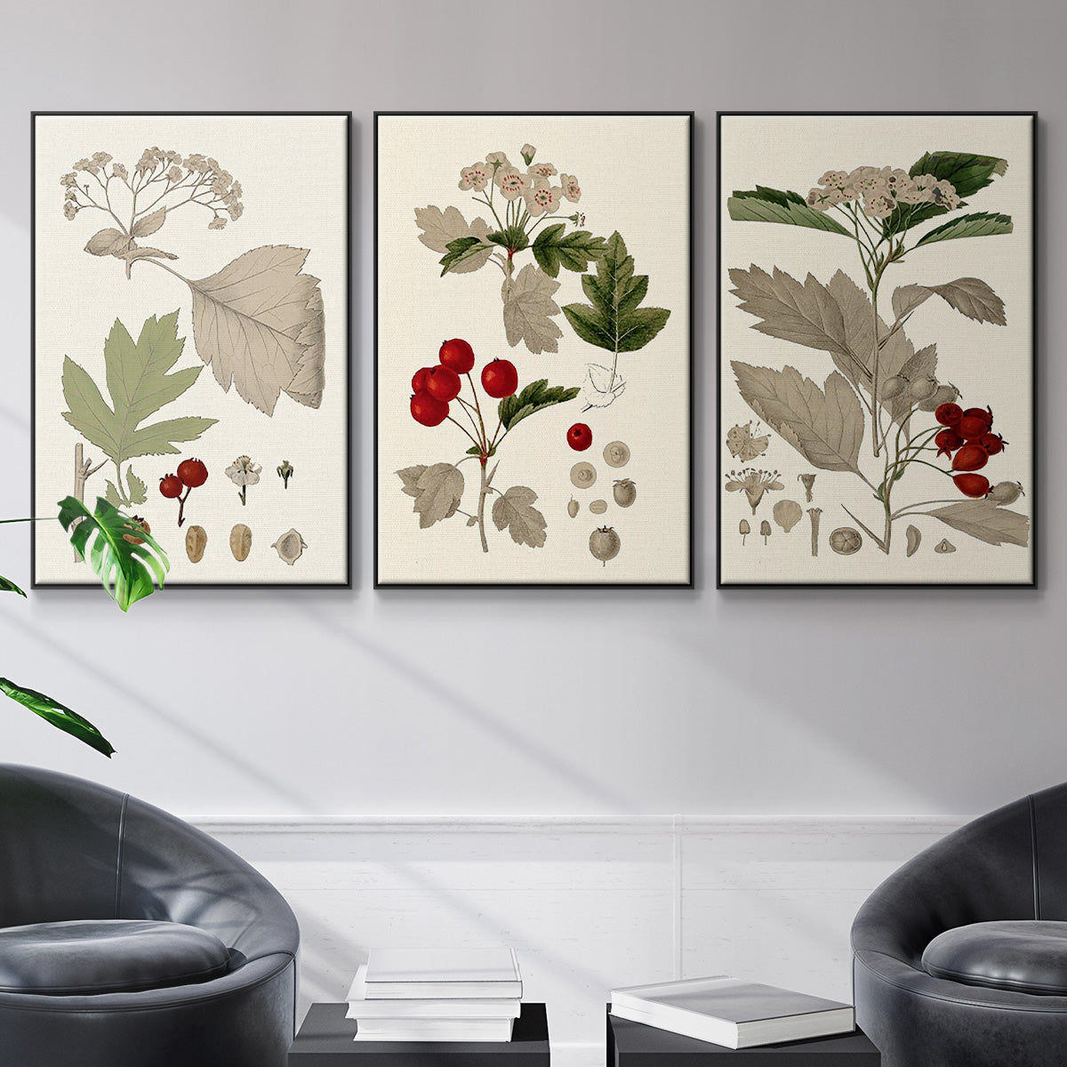 Leaves & Berries I - Framed Premium Gallery Wrapped Canvas L Frame 3 Piece Set - Ready to Hang