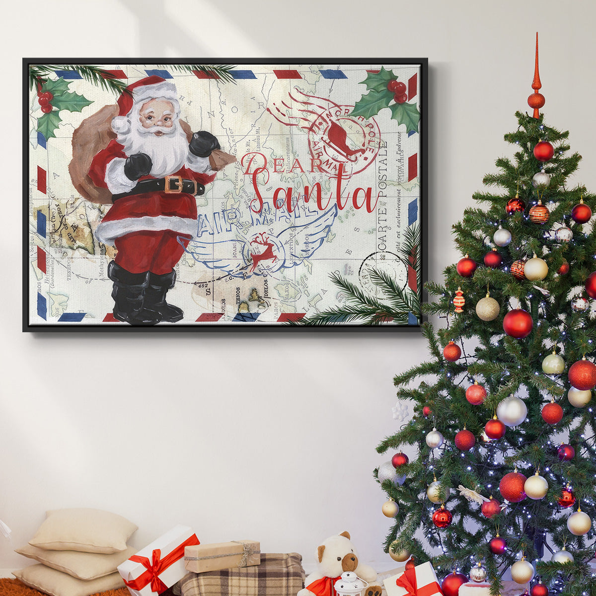 Christmas Par Avion Collection A - Framed Gallery Wrapped Canvas in Floating Frame