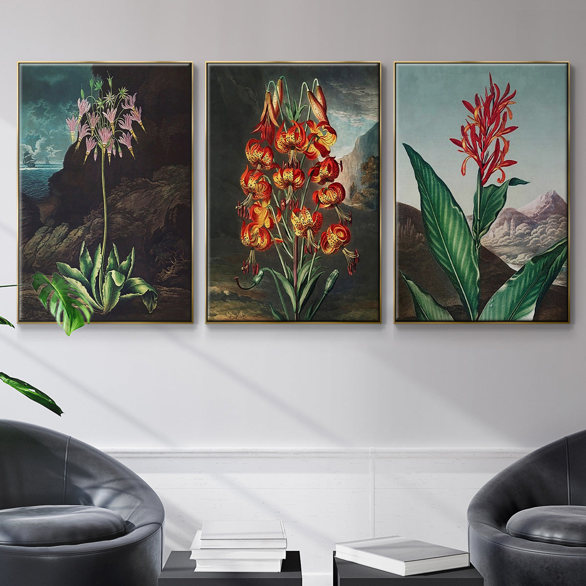 Temple of Flora I - Framed Premium Gallery Wrapped Canvas L Frame 3 Piece Set - Ready to Hang