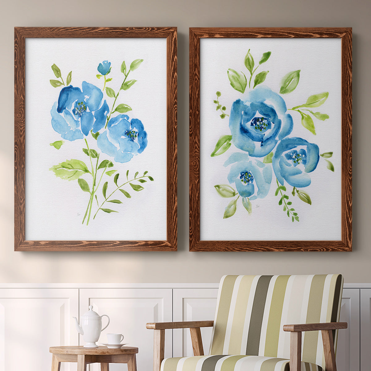 Blue Morning Bouquet I - Premium Framed Canvas 2 Piece Set - Ready to Hang