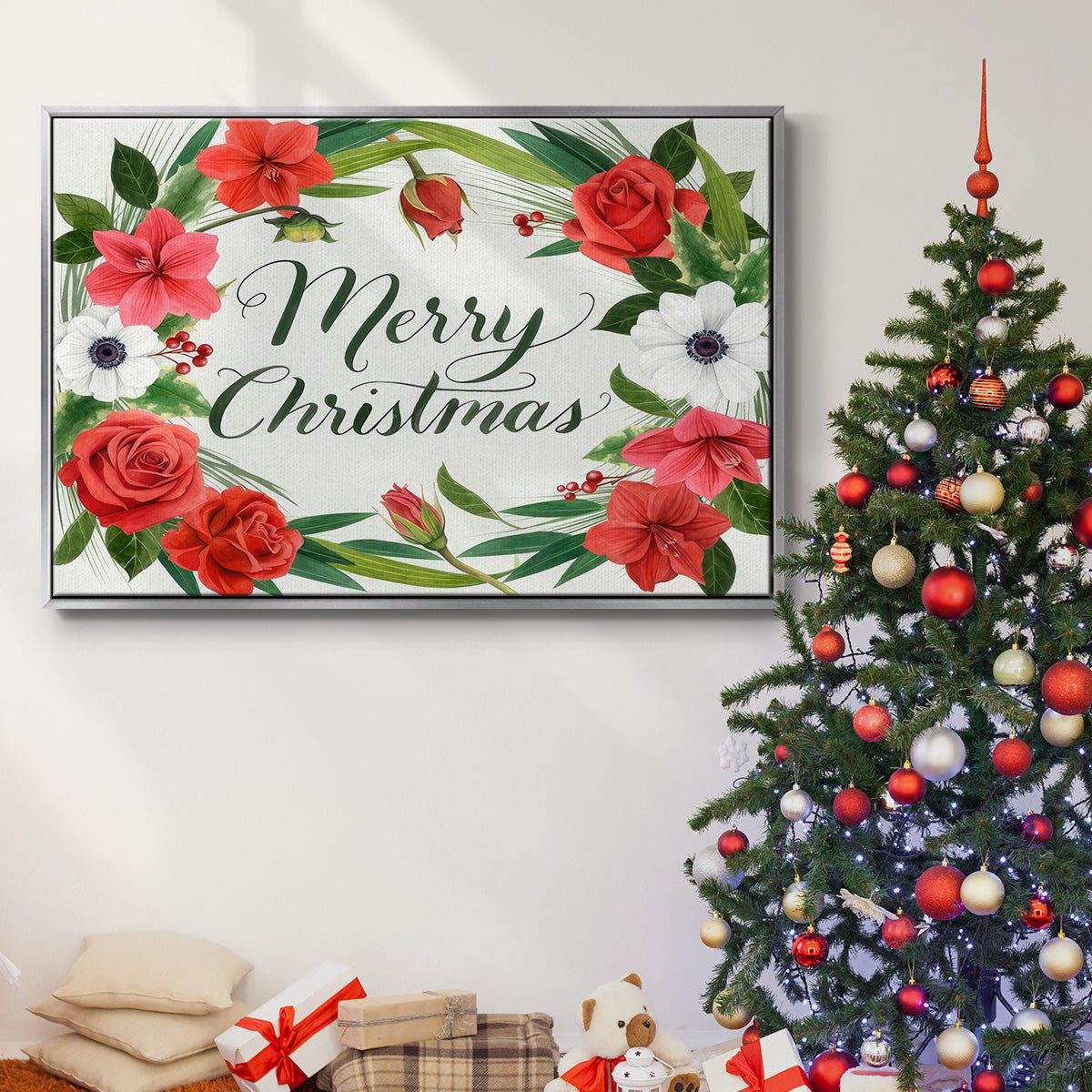 Christmas Flora Wreath Collection A - Framed Gallery Wrapped Canvas in Floating Frame
