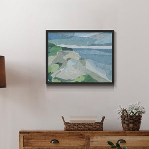 Abstract artwork features a coastal landscape with blue waters and gentle green hills. The composition uses geometric shapes to create a serene and vibrant atmosphere.