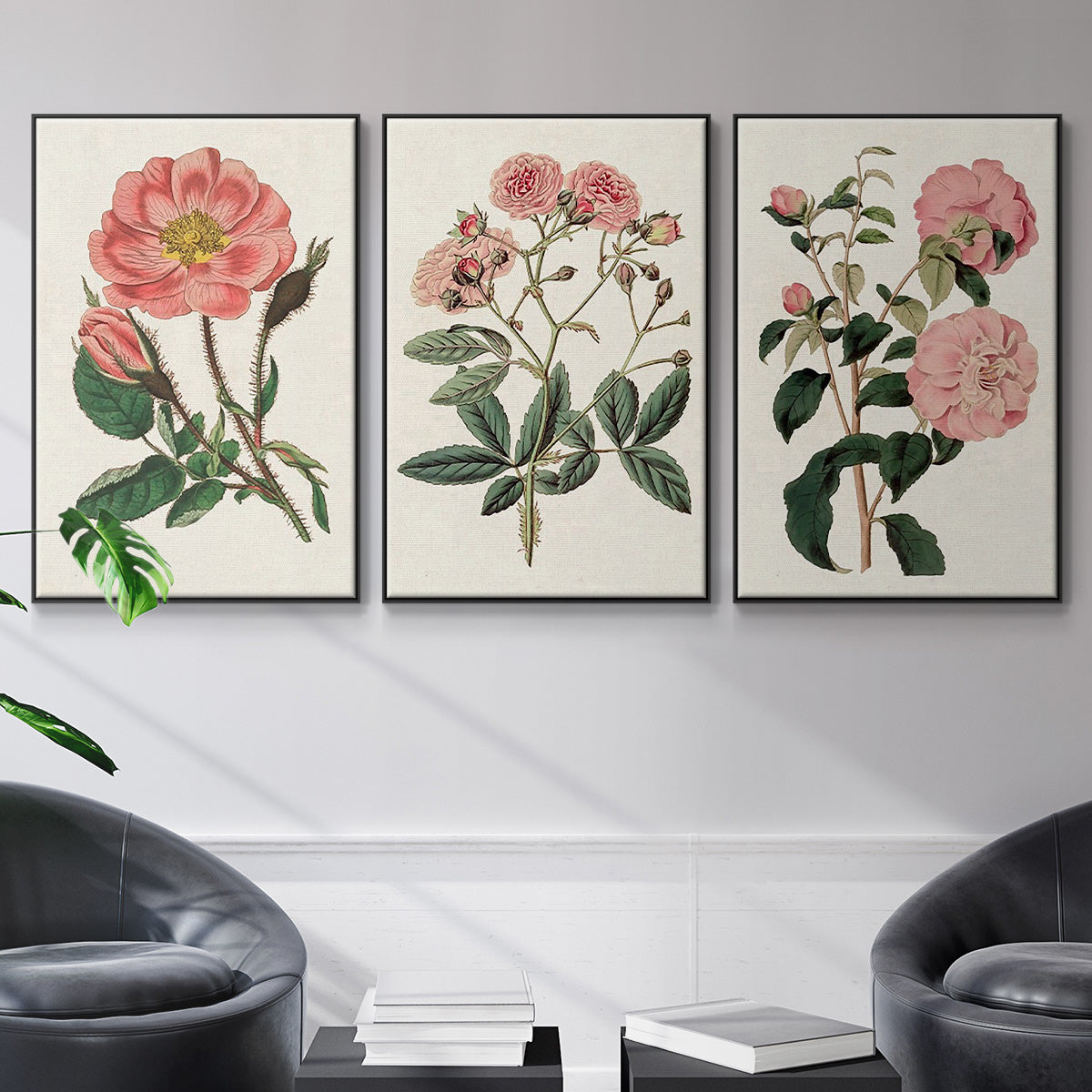 Pink Floral Mix IV - Framed Premium Gallery Wrapped Canvas L Frame 3 Piece Set - Ready to Hang