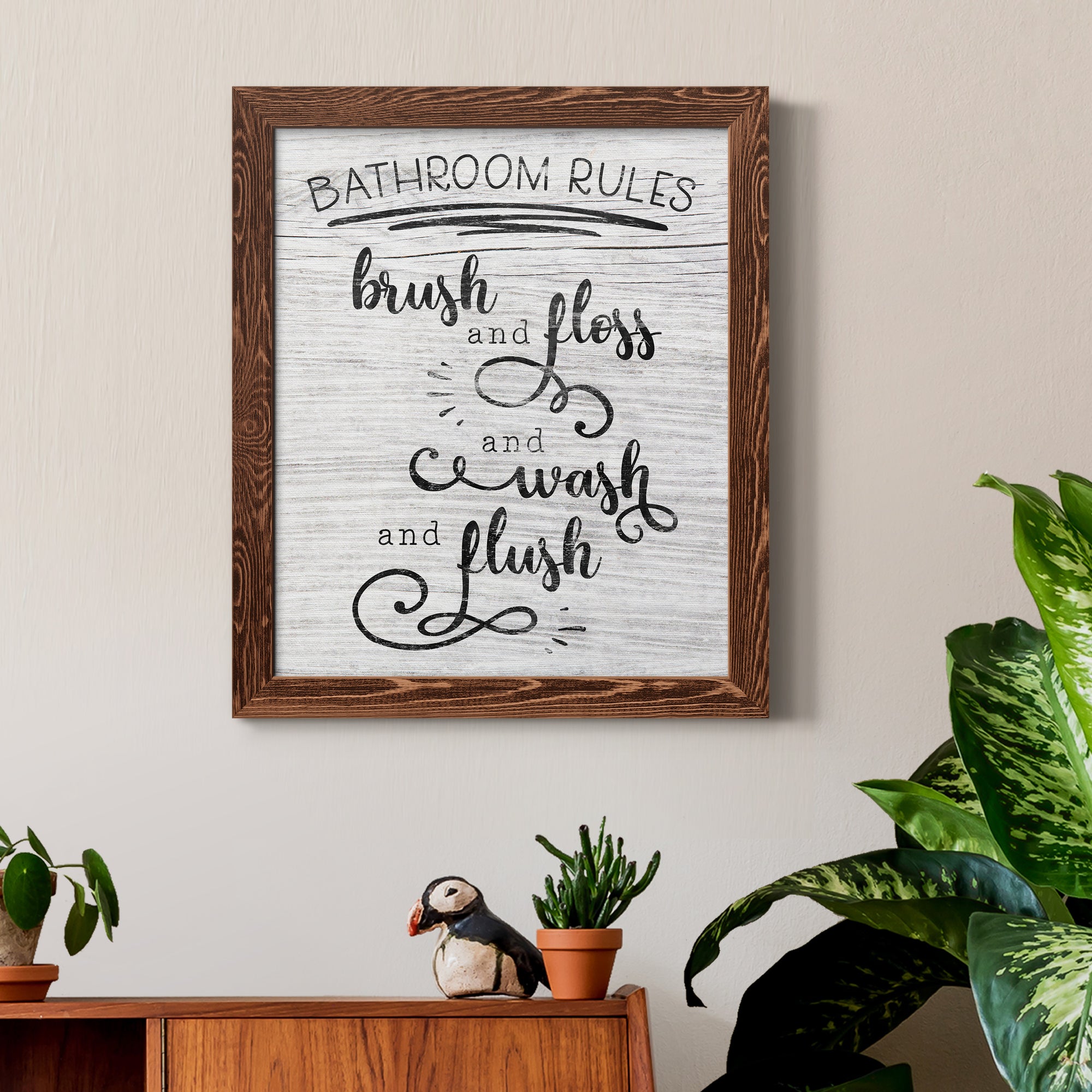 Bathroom Rules - Premium Canvas Framed in Barnwood - Ready to Hang