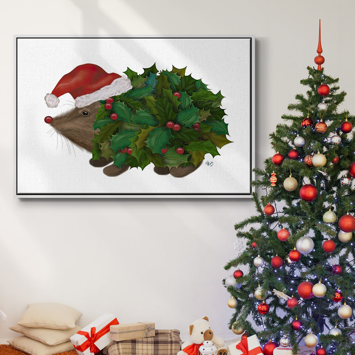 Christmas Holly Hedgehog - Framed Gallery Wrapped Canvas in Floating Frame