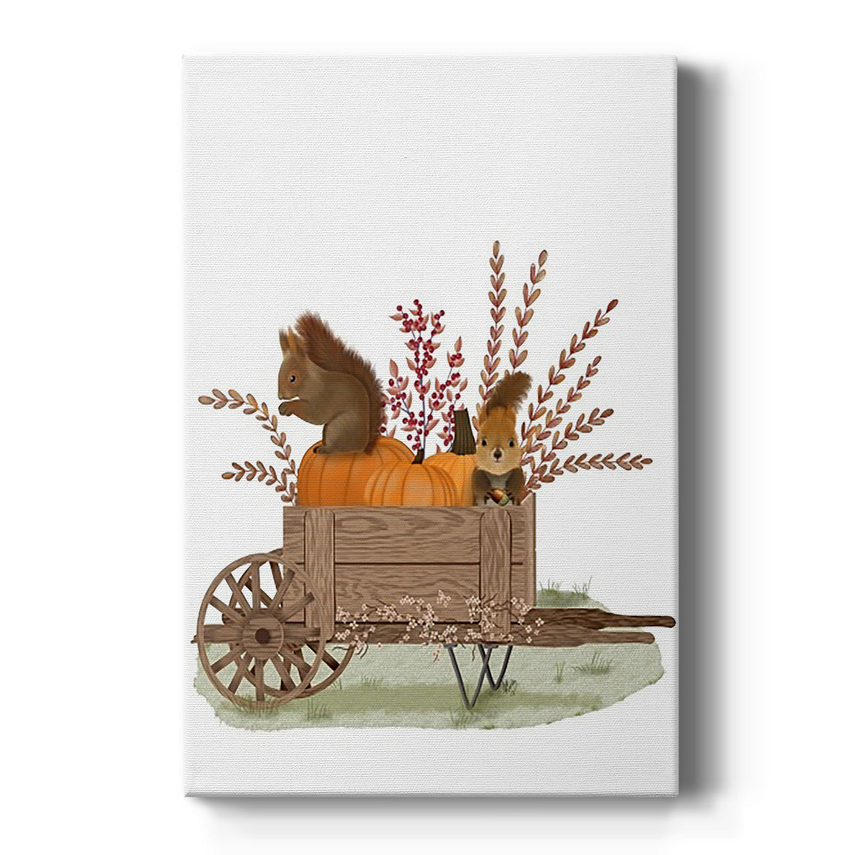 Squirrels In Pumpkin Wheelbarrow Premium Gallery Wrapped Canvas - Ready to Hang