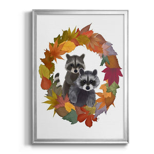 Raccoons Autumn Leaf Wreath Premium Framed Print - Ready to Hang