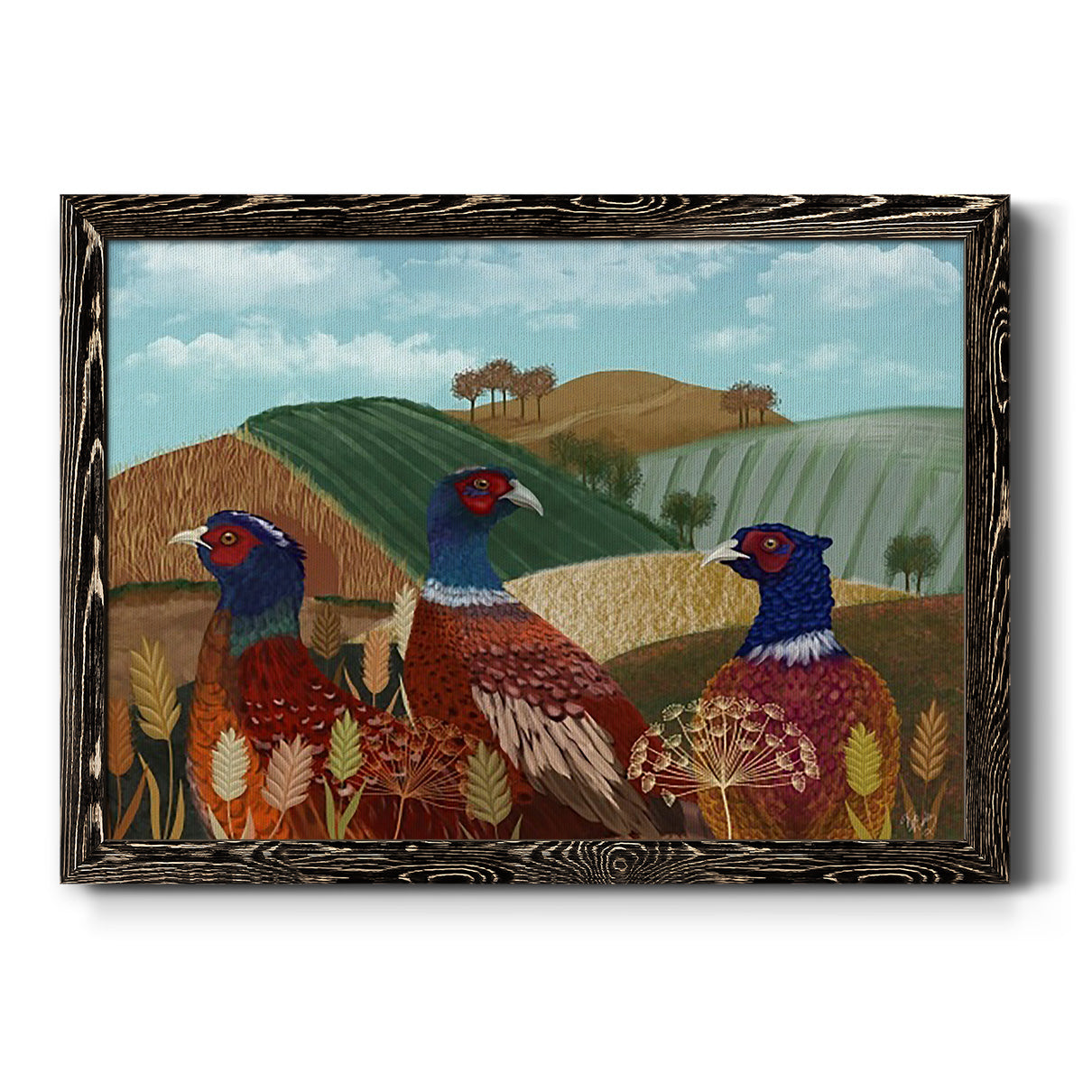 Pheasant Trio in Field-Premium Framed Canvas - Ready to Hang