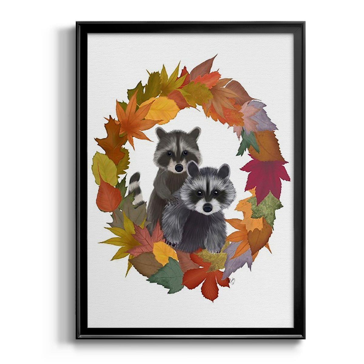 Raccoons Autumn Leaf Wreath Premium Framed Print - Ready to Hang