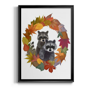 Raccoons Autumn Leaf Wreath Premium Framed Print - Ready to Hang