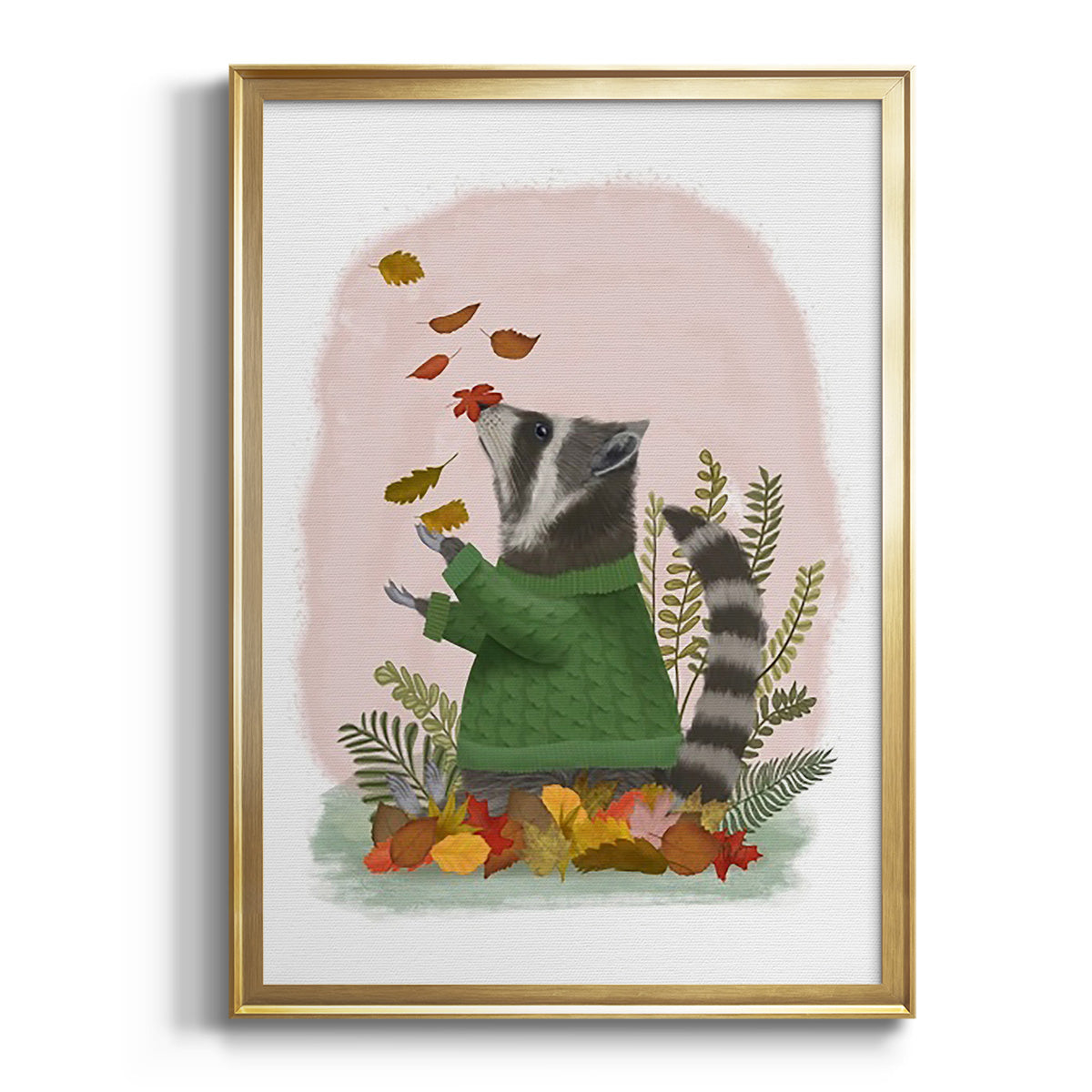 Raccoon Catching Leaves Premium Framed Print - Ready to Hang