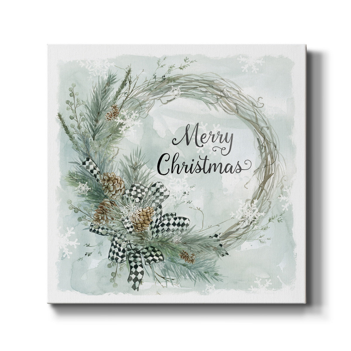 Merry Christmas Pine Wreath - Canvas Art Print
