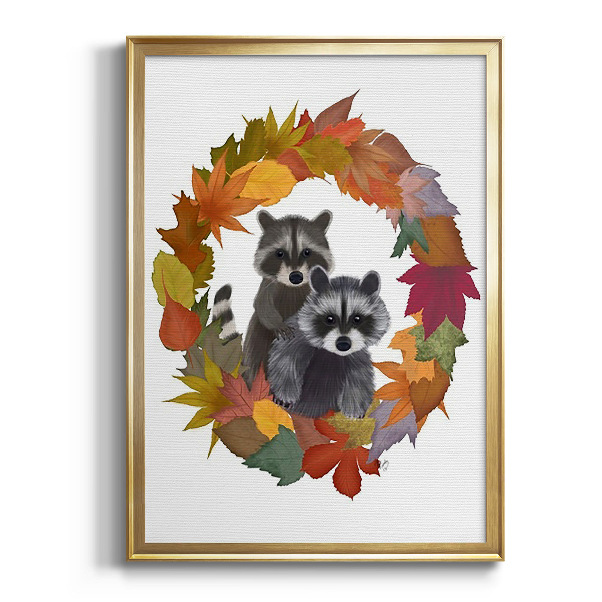 Raccoons Autumn Leaf Wreath Premium Framed Print - Ready to Hang