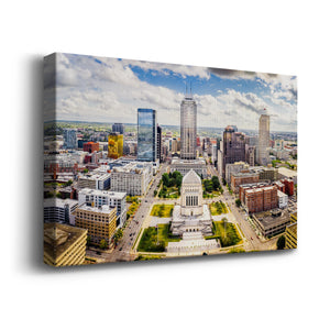 Sunny Indiana Statehouse and Indianapolis skyline Premium Gallery Wrapped Canvas - Ready to Hang