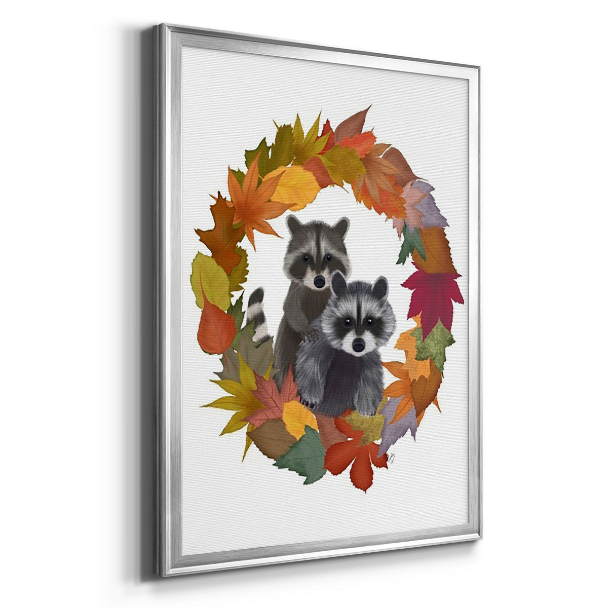 Raccoons Autumn Leaf Wreath Premium Framed Print - Ready to Hang