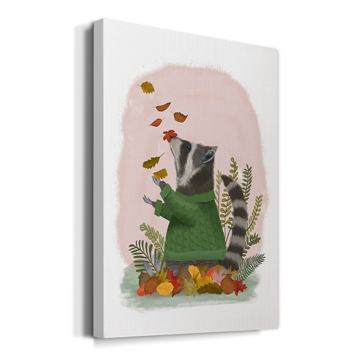 Raccoon Catching Leaves Premium Gallery Wrapped Canvas - Ready to Hang