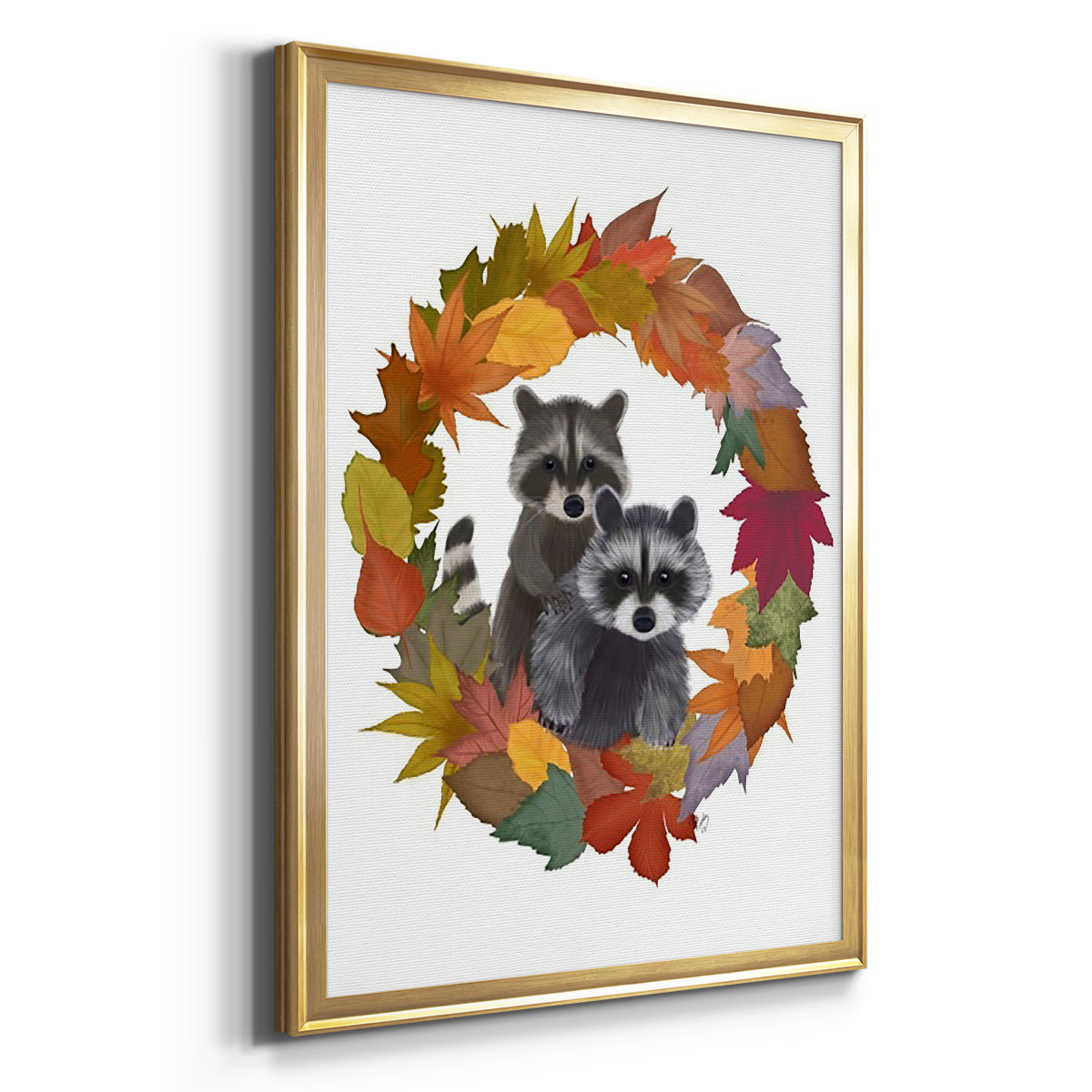 Raccoons Autumn Leaf Wreath Premium Framed Print - Ready to Hang