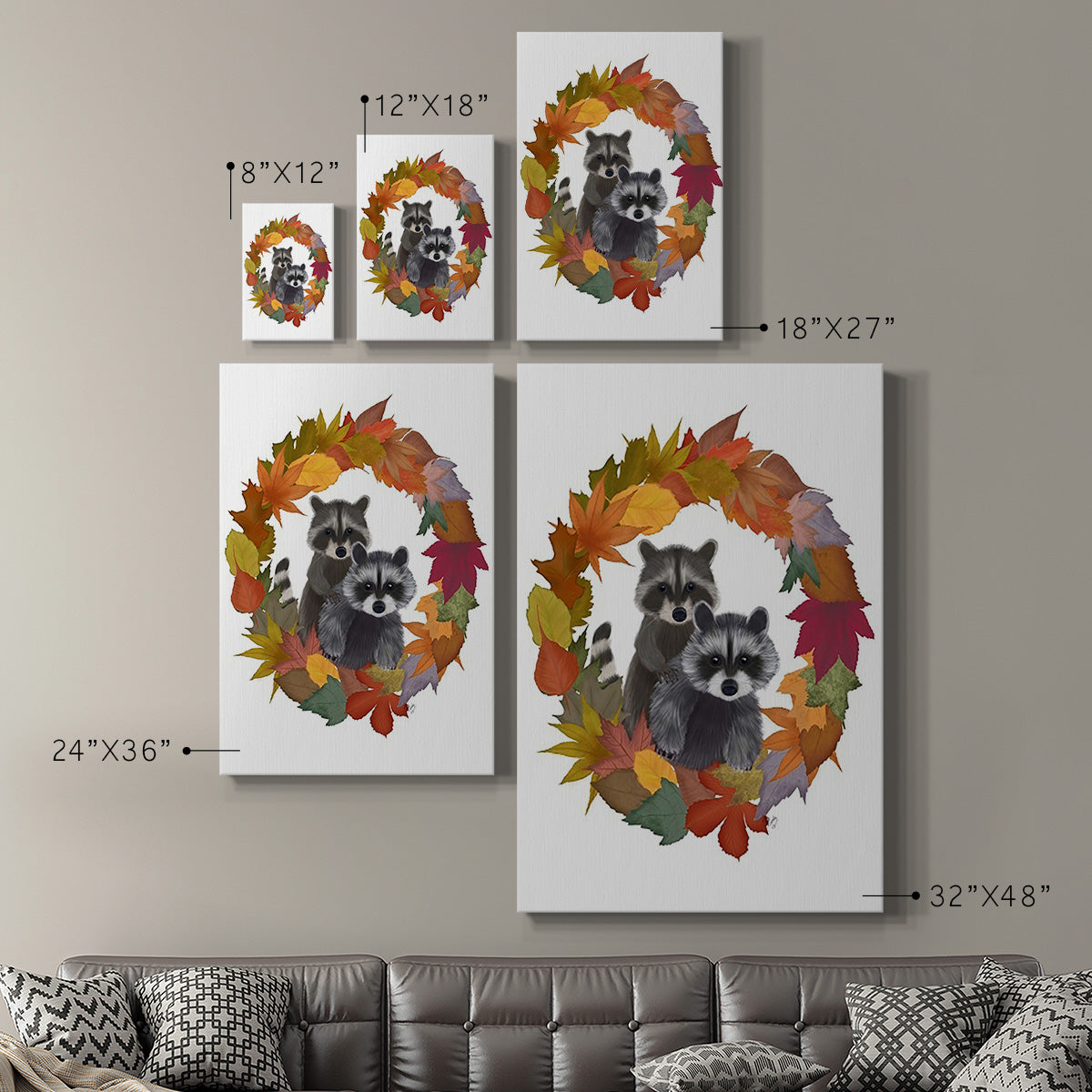 Raccoons Autumn Leaf Wreath Premium Gallery Wrapped Canvas - Ready to Hang