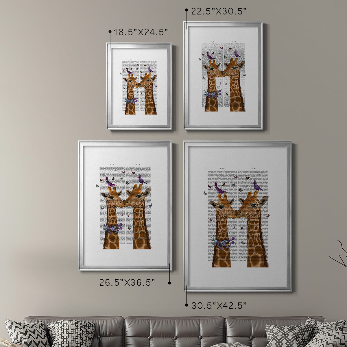 Kissing Giraffes with Birds Premium Framed Print - Ready to Hang