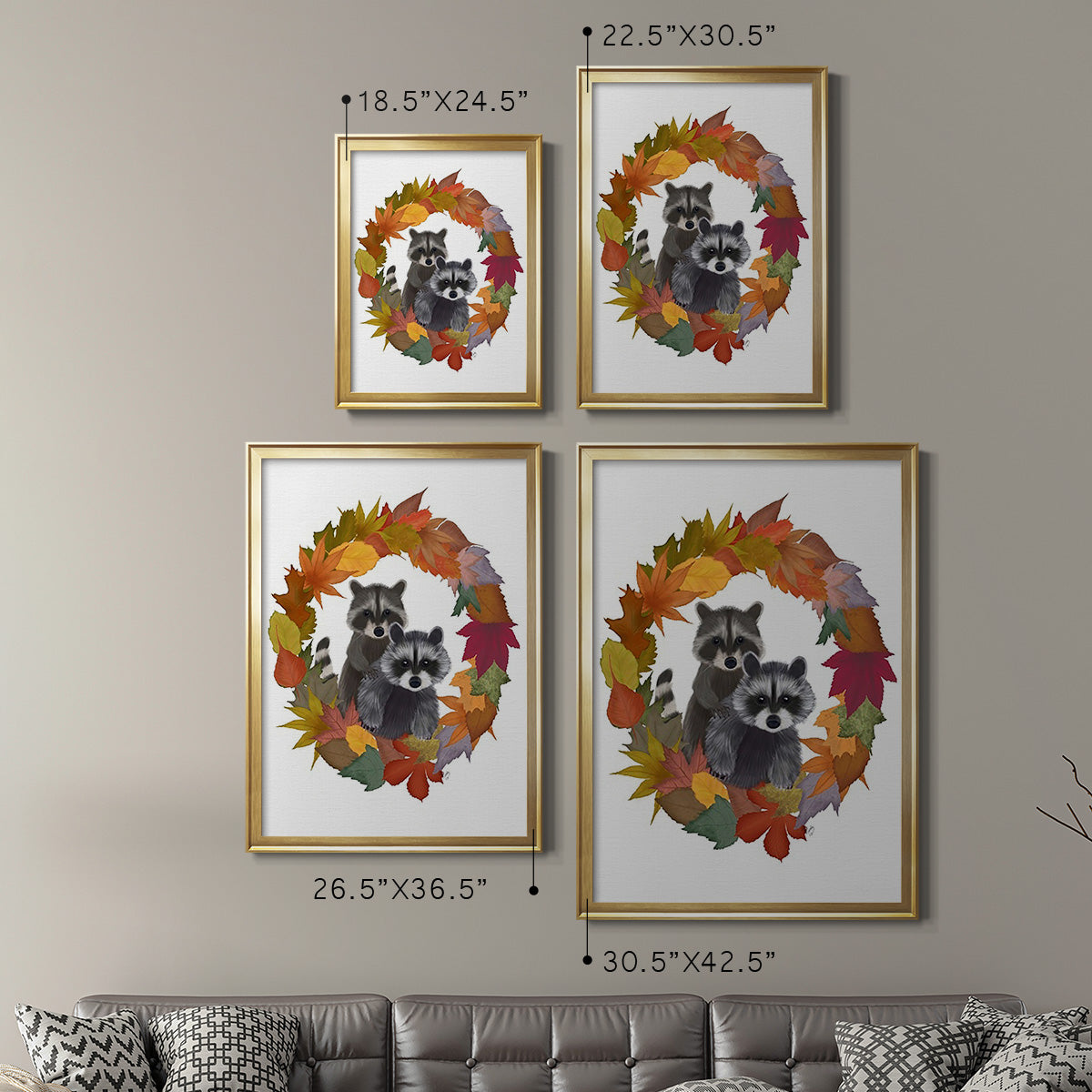 Raccoons Autumn Leaf Wreath Premium Framed Print - Ready to Hang