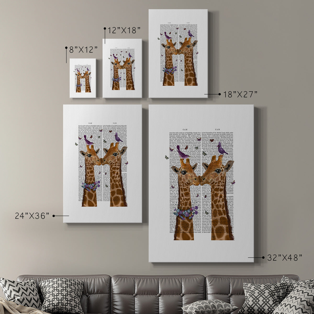 Kissing Giraffes with Birds Premium Gallery Wrapped Canvas - Ready to Hang