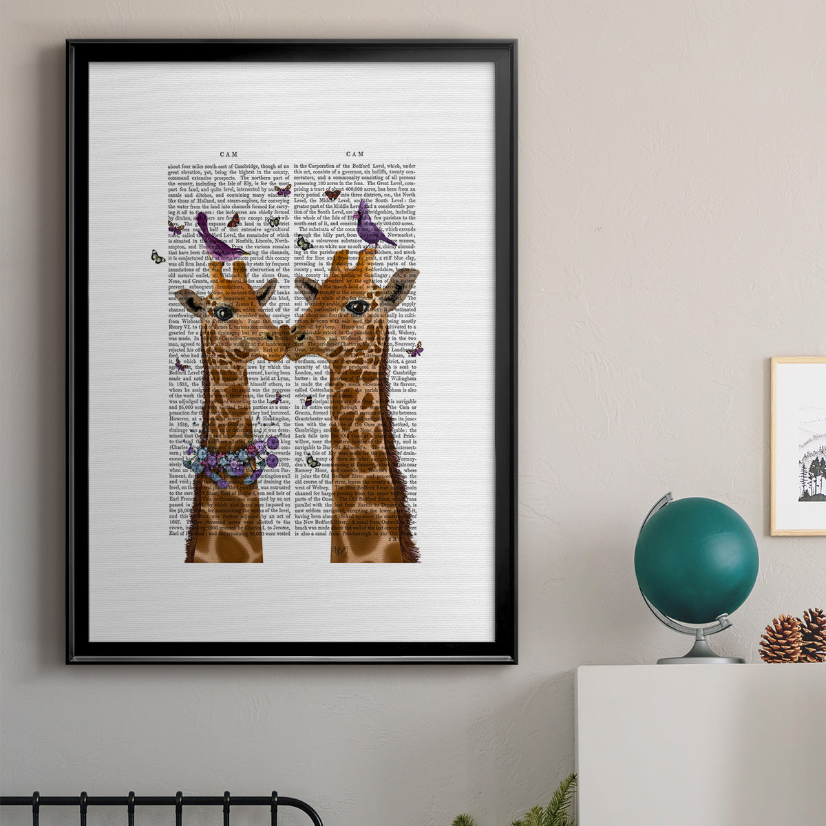 Kissing Giraffes with Birds Premium Framed Print - Ready to Hang