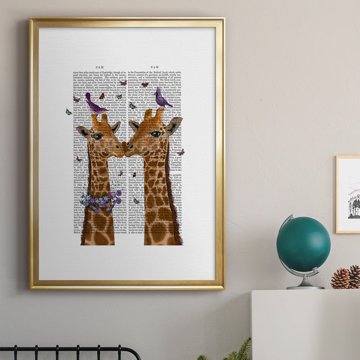 Kissing Giraffes with Birds Premium Framed Print - Ready to Hang