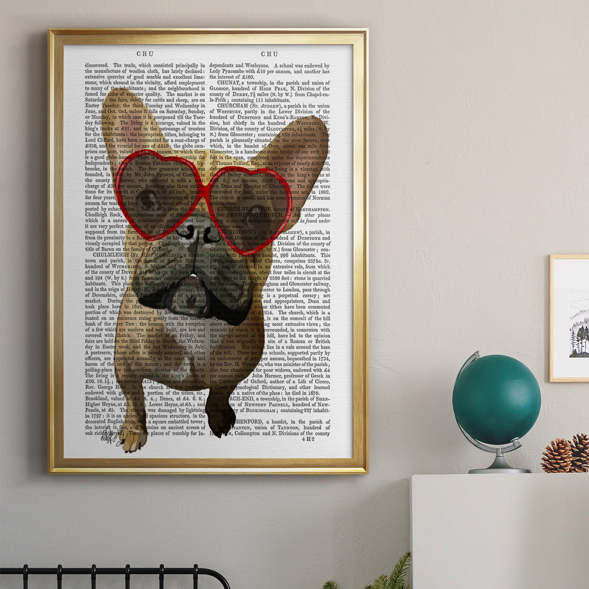 French Bulldog and Heart Glasses Premium Framed Print - Ready to Hang