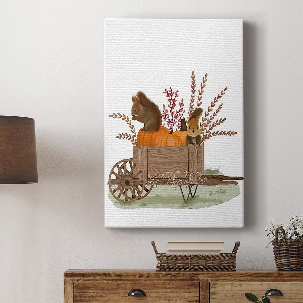 Squirrels In Pumpkin Wheelbarrow Premium Gallery Wrapped Canvas - Ready to Hang