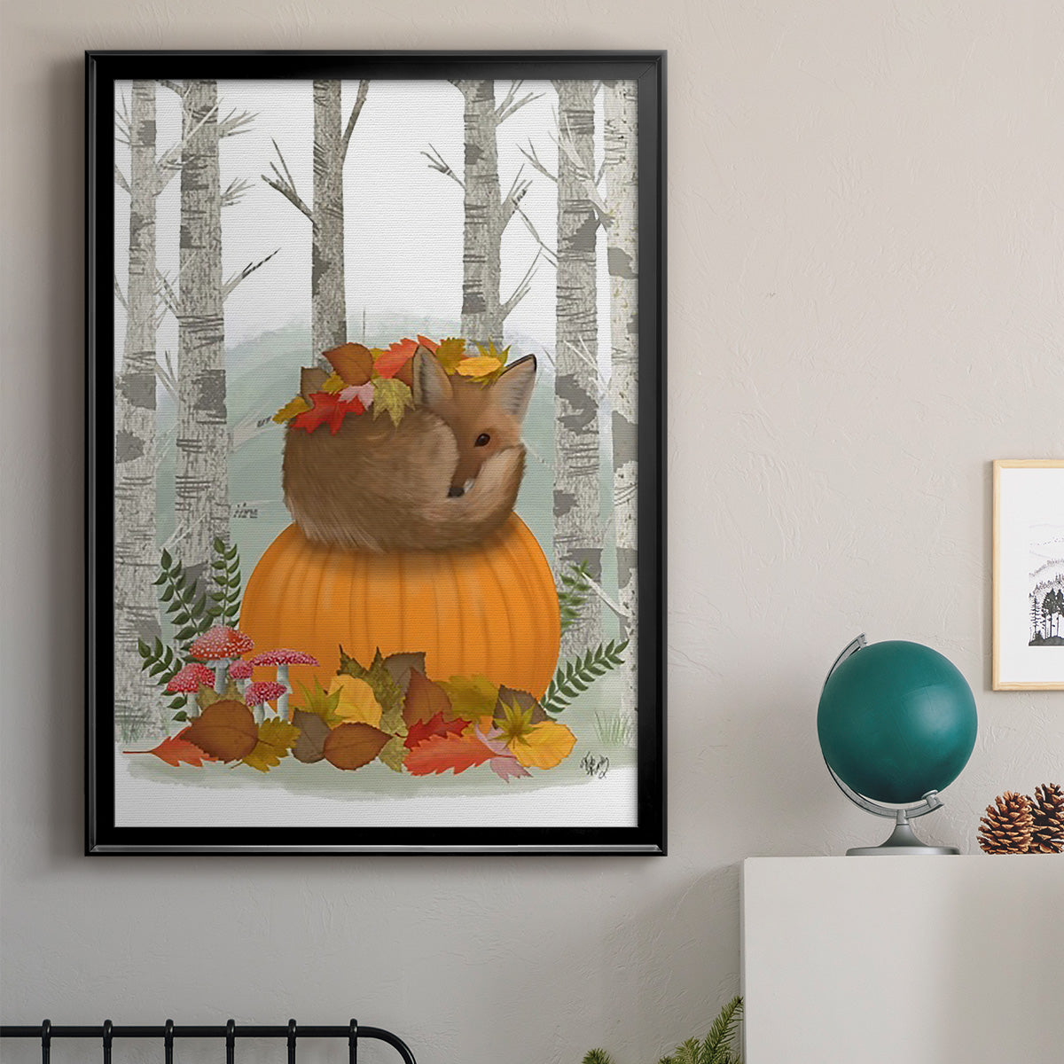 Fox Curled on Pumpkin Premium Framed Print - Ready to Hang