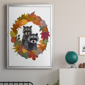 Raccoons Autumn Leaf Wreath Premium Framed Print - Ready to Hang