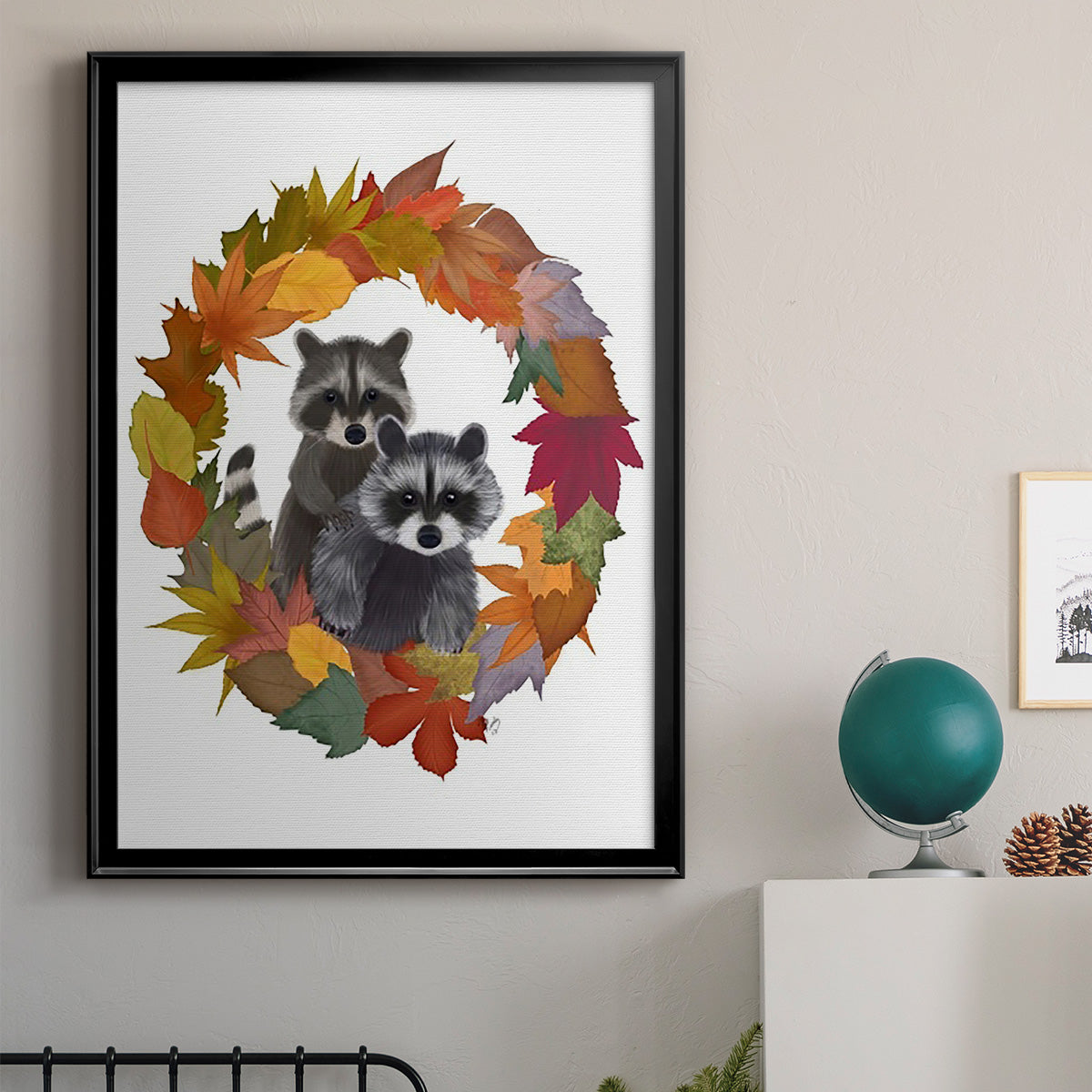 Raccoons Autumn Leaf Wreath Premium Framed Print - Ready to Hang