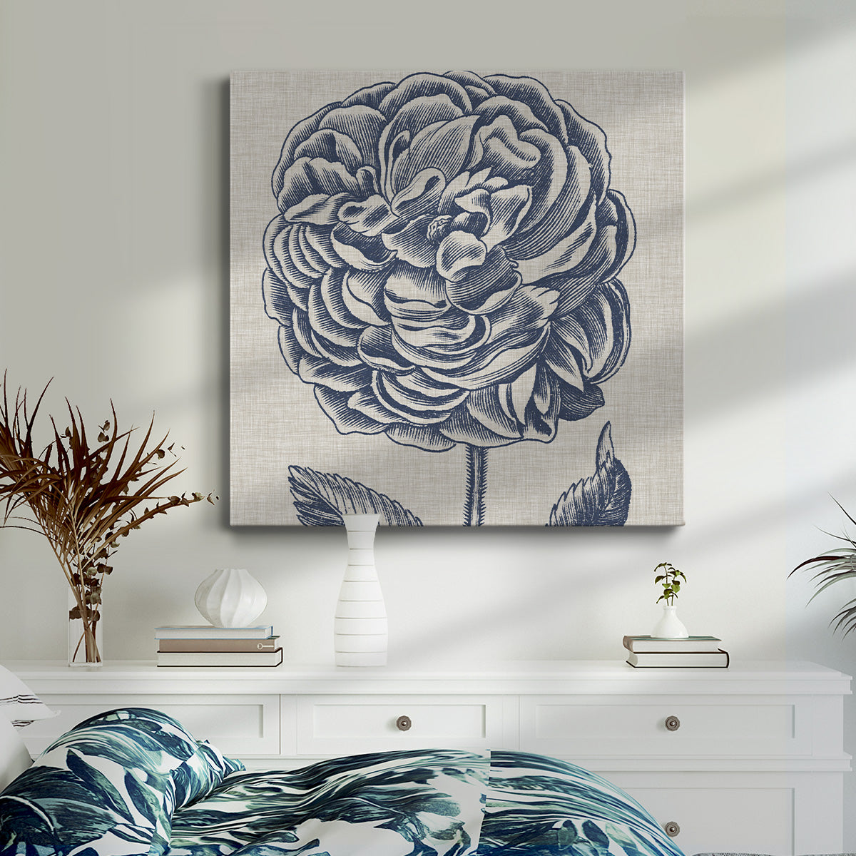 Indigo Floral on Linen V-Premium Gallery Wrapped Canvas - Ready to Hang