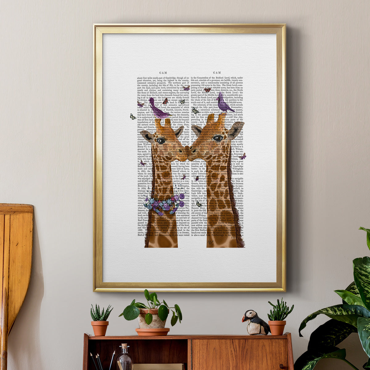 Kissing Giraffes with Birds Premium Framed Print - Ready to Hang