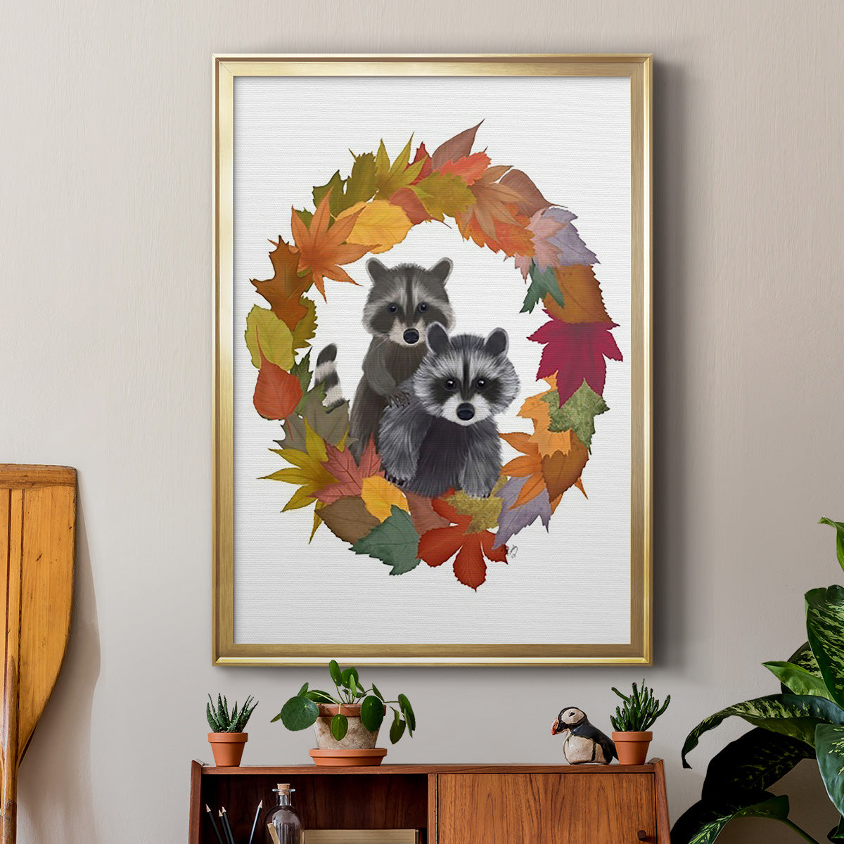 Raccoons Autumn Leaf Wreath Premium Framed Print - Ready to Hang