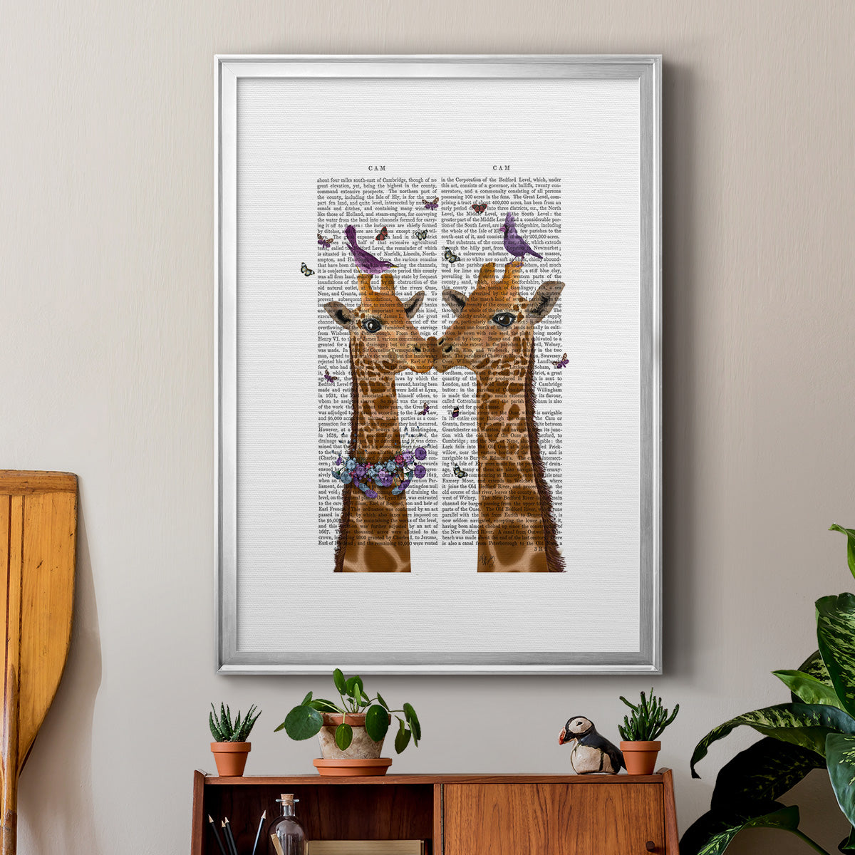 Kissing Giraffes with Birds Premium Framed Print - Ready to Hang