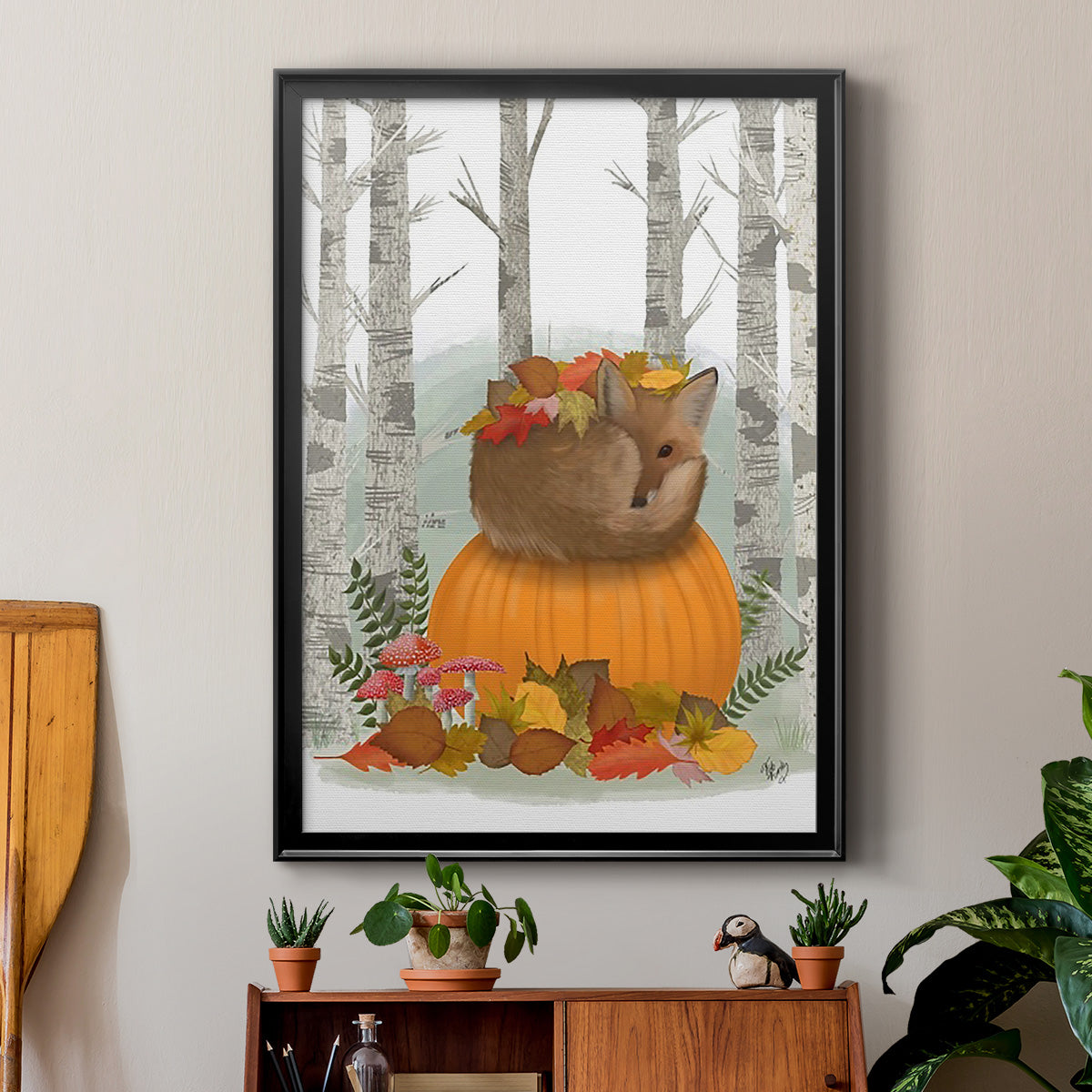 Fox Curled on Pumpkin Premium Framed Print - Ready to Hang