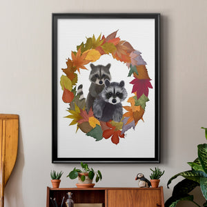 Raccoons Autumn Leaf Wreath Premium Framed Print - Ready to Hang