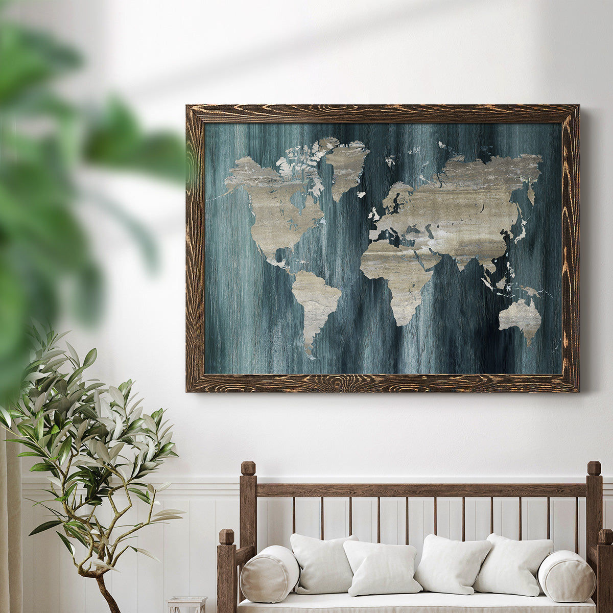 Navy World Map-Premium Framed Canvas - Ready to Hang