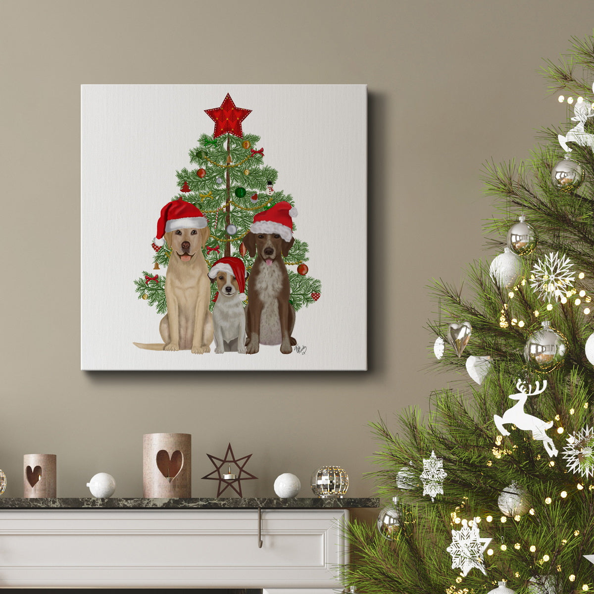 Christmas Des - Dog Trio Christmas Tree-Premium Gallery Wrapped Canvas - Ready to Hang