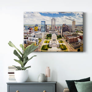 Sunny Indiana Statehouse and Indianapolis skyline Premium Gallery Wrapped Canvas - Ready to Hang