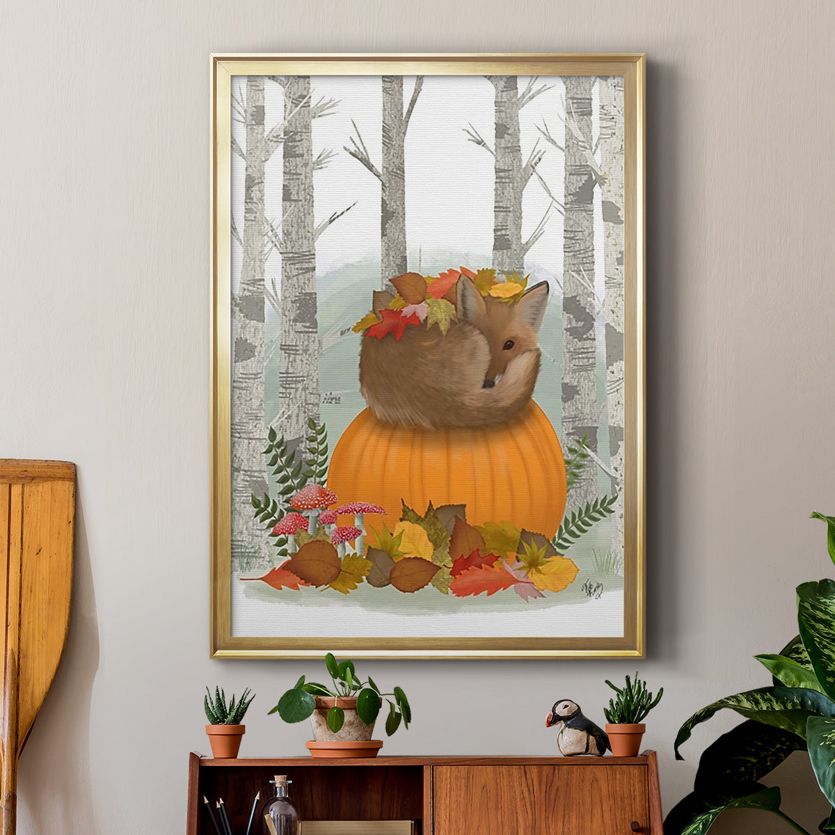 Fox Curled on Pumpkin Premium Framed Print - Ready to Hang