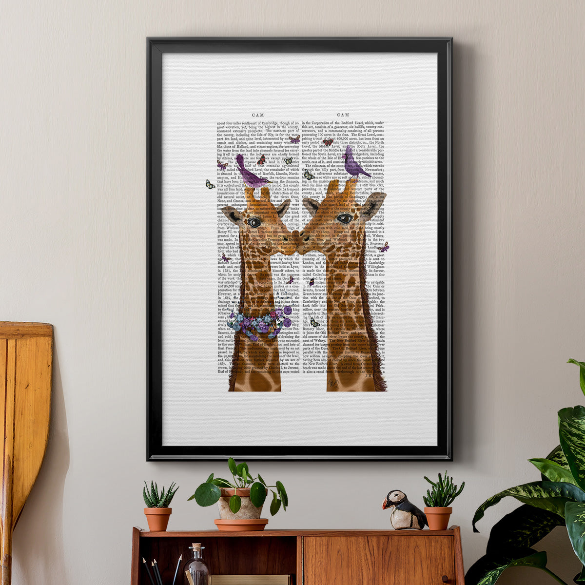 Kissing Giraffes with Birds Premium Framed Print - Ready to Hang