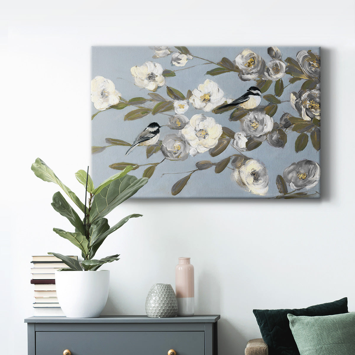Chickadees and Blossoms I Premium Gallery Wrapped Canvas - Ready to Hang