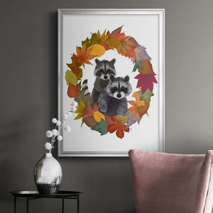 Raccoons Autumn Leaf Wreath Premium Framed Print - Ready to Hang