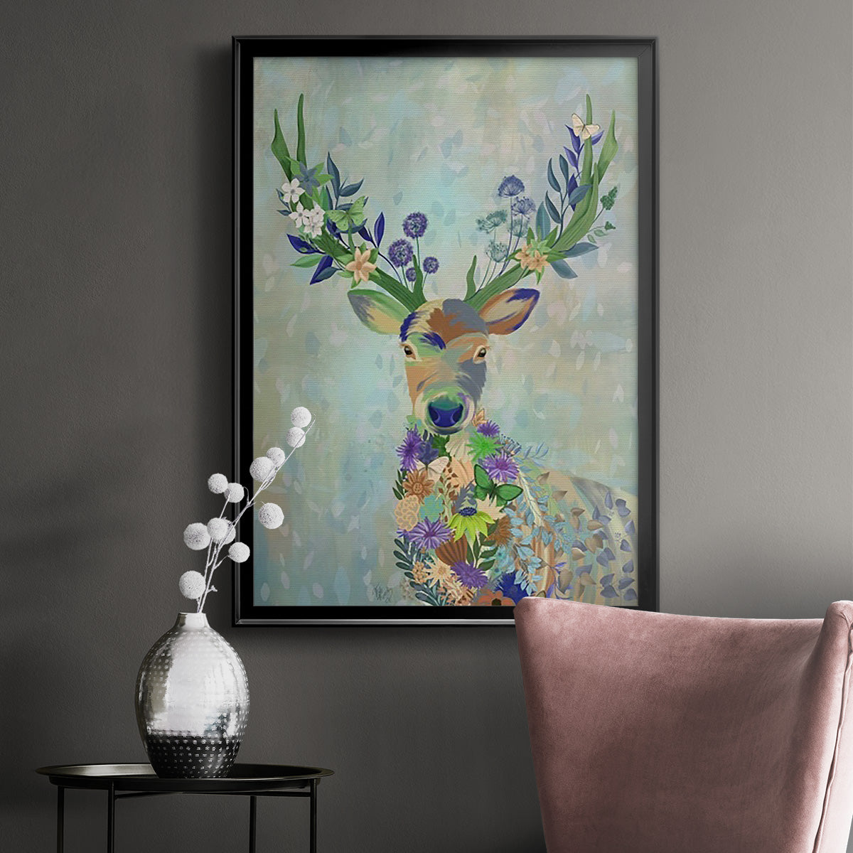 Fantastic Florals Deer, Portrait Premium Framed Print - Ready to Hang