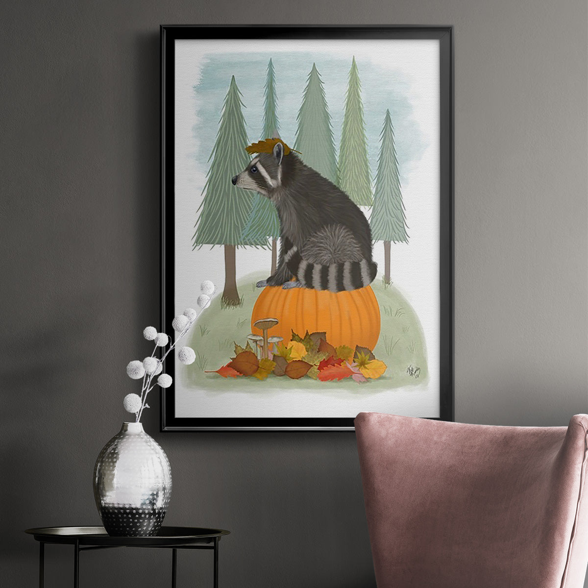 Raccoon On Pumpkin Premium Framed Print - Ready to Hang