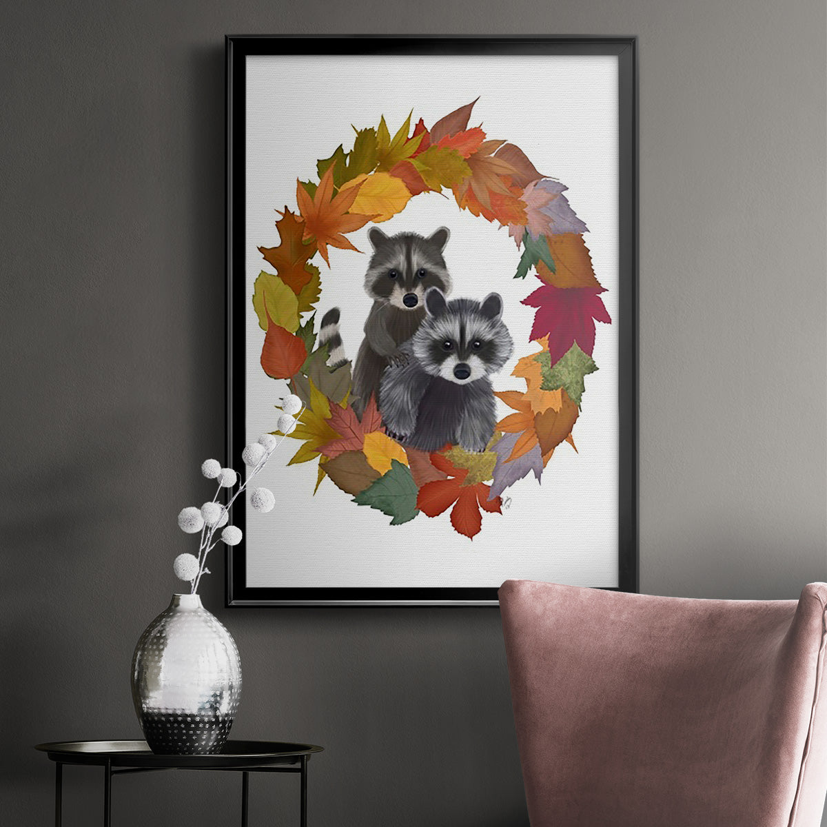 Raccoons Autumn Leaf Wreath Premium Framed Print - Ready to Hang